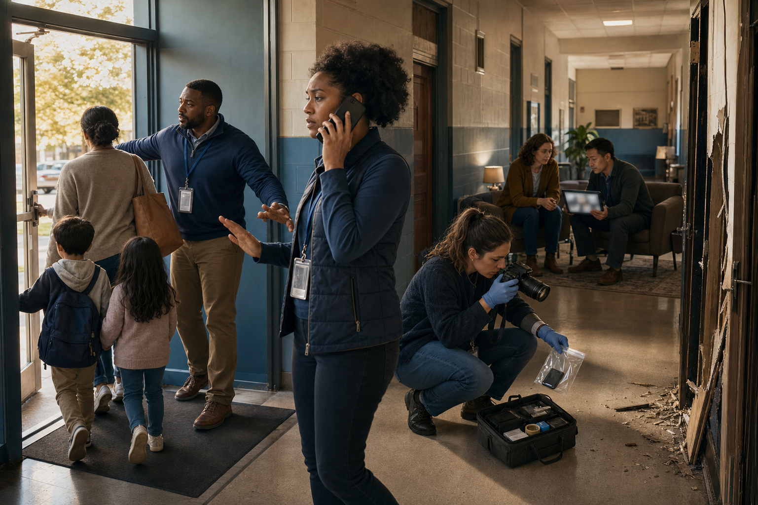 A community protection team moves families to safety, preserves evidence, and calmly reviews an ambiguous online message in separate stages.