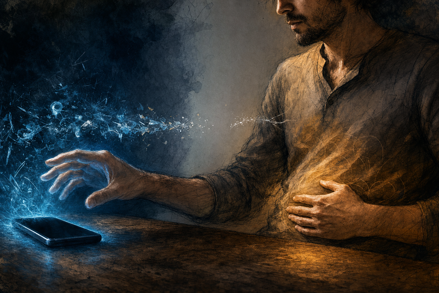 A person's hand pauses above a glowing phone while an abstract chain of impulses breaks before reaching their tense face.