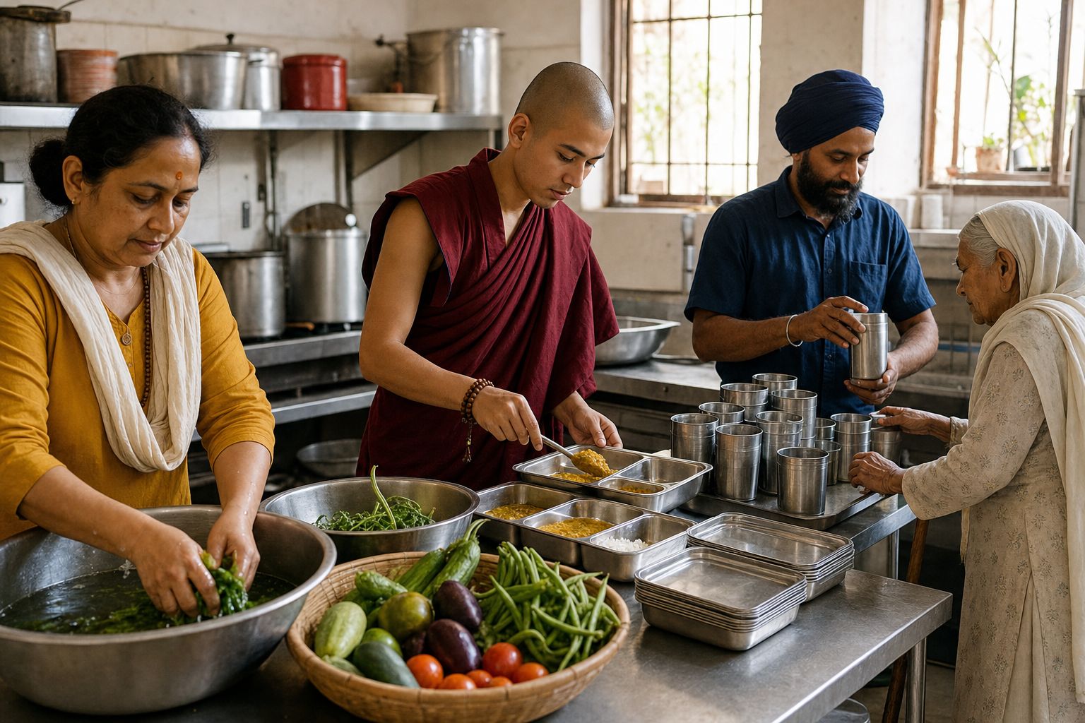 Volunteers from different Dharmic traditions prepare and distribute meals together in a community kitchen.