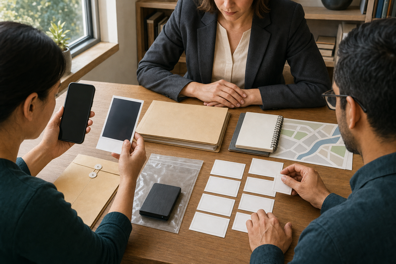 Two advocates organize a phone, evidence cards, and a sealed storage device while an independent reviewer checks their complaint materials.