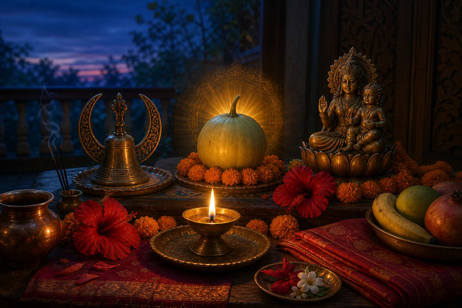 A home Navratri altar with a lit brass lamp, flowers, a crescent and bell, a pale gourd, and a mother-and-child brass figure on a lotus.
