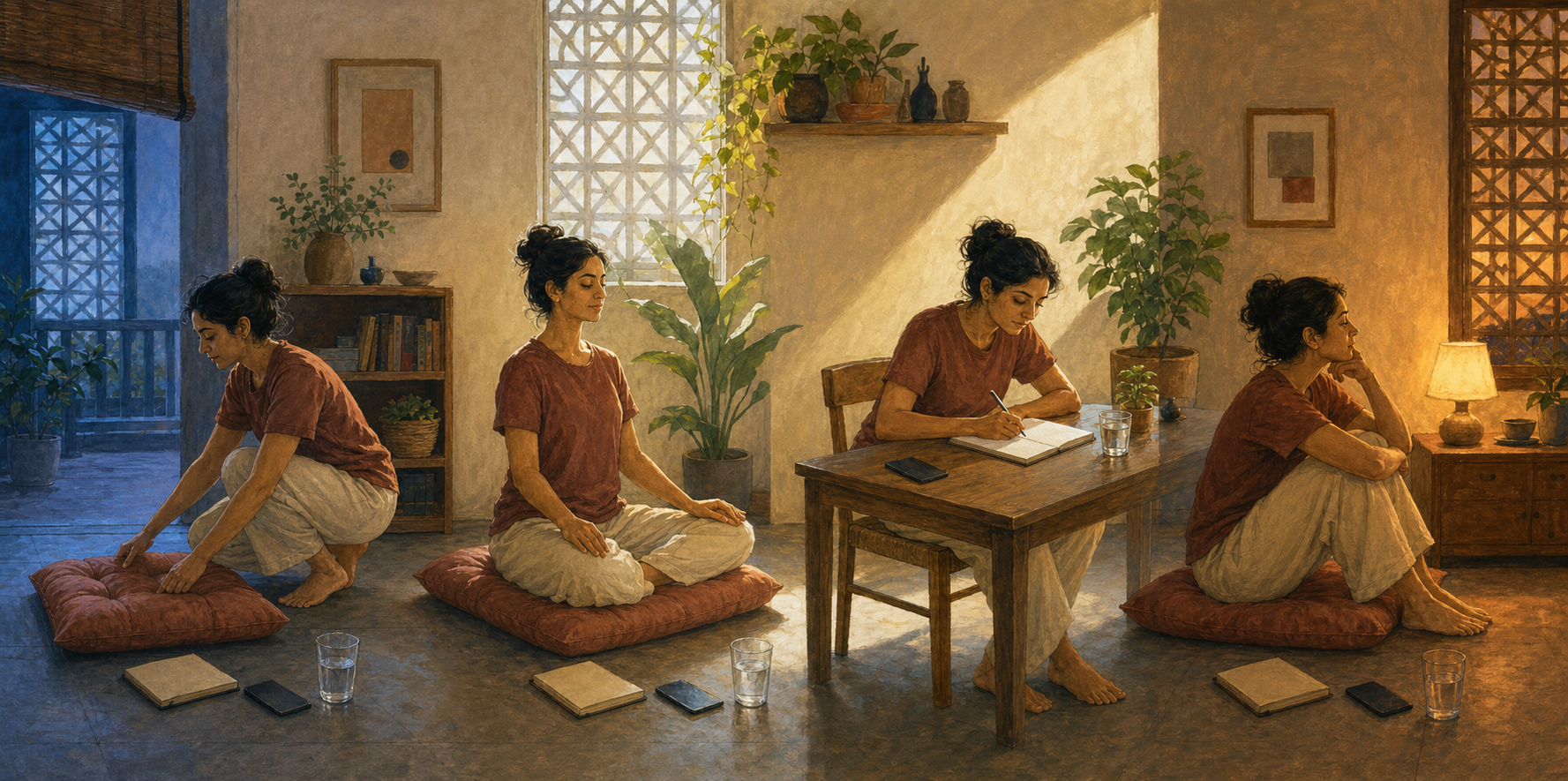 The same person prepares, meditates, studies, and reflects as one room changes from dawn to evening.