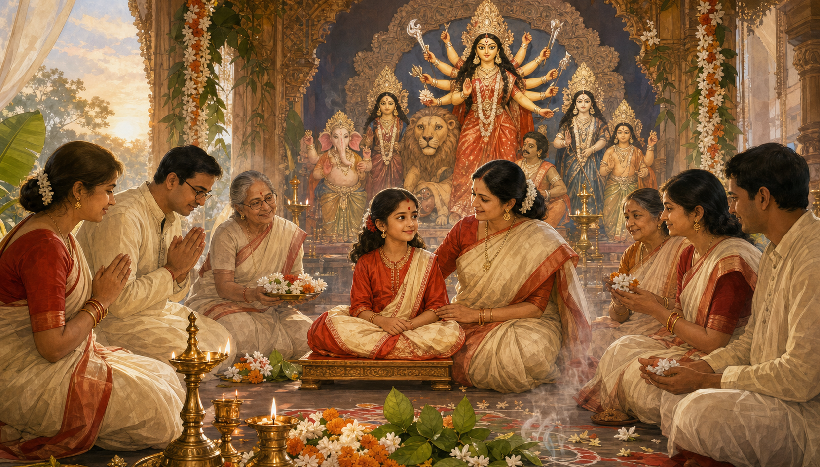 A young kumari sits with a female guardian as worshippers offer flowers before a Durga image in an autumn festival pavilion.