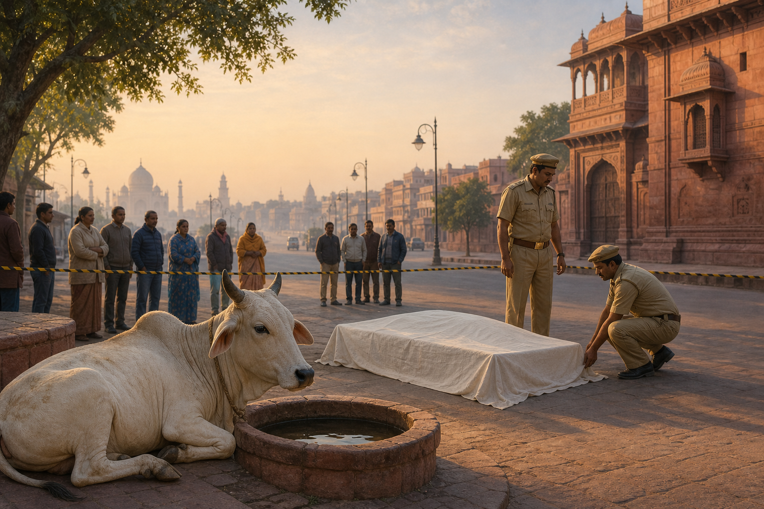 Concerned residents wait behind a police cordon in an Agra street while officers secure a covered evidence area and a cow rests safely nearby.