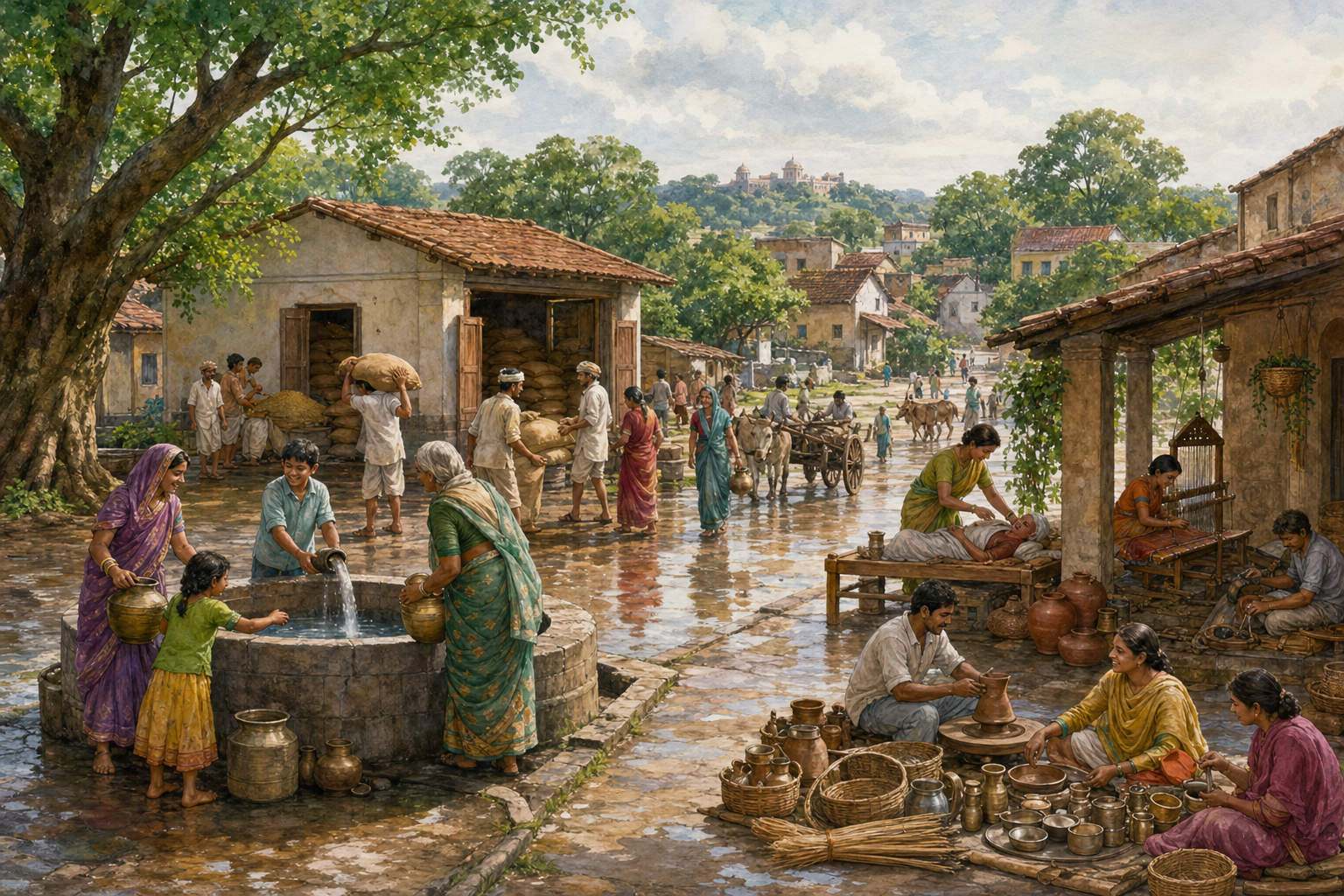 Residents use a public well, market, grain storehouse, workshops, and a small clinic in a prosperous town square.