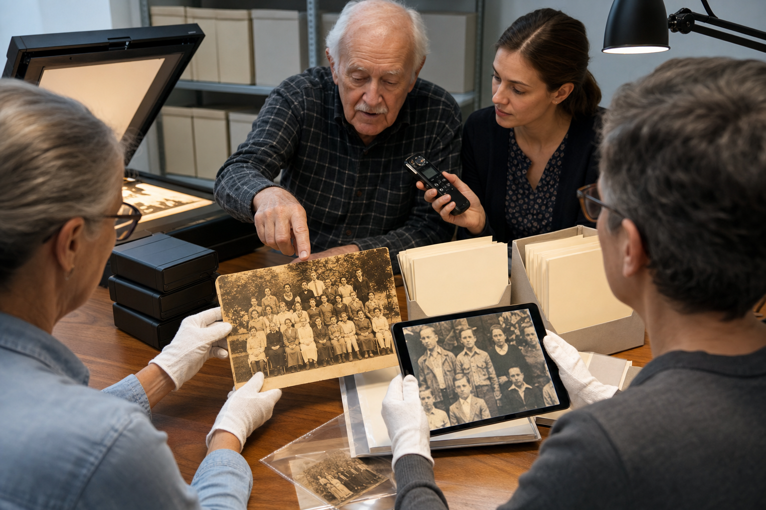 An elder and two archive volunteers examine an old photograph while creating a digital scan and oral-history recording.