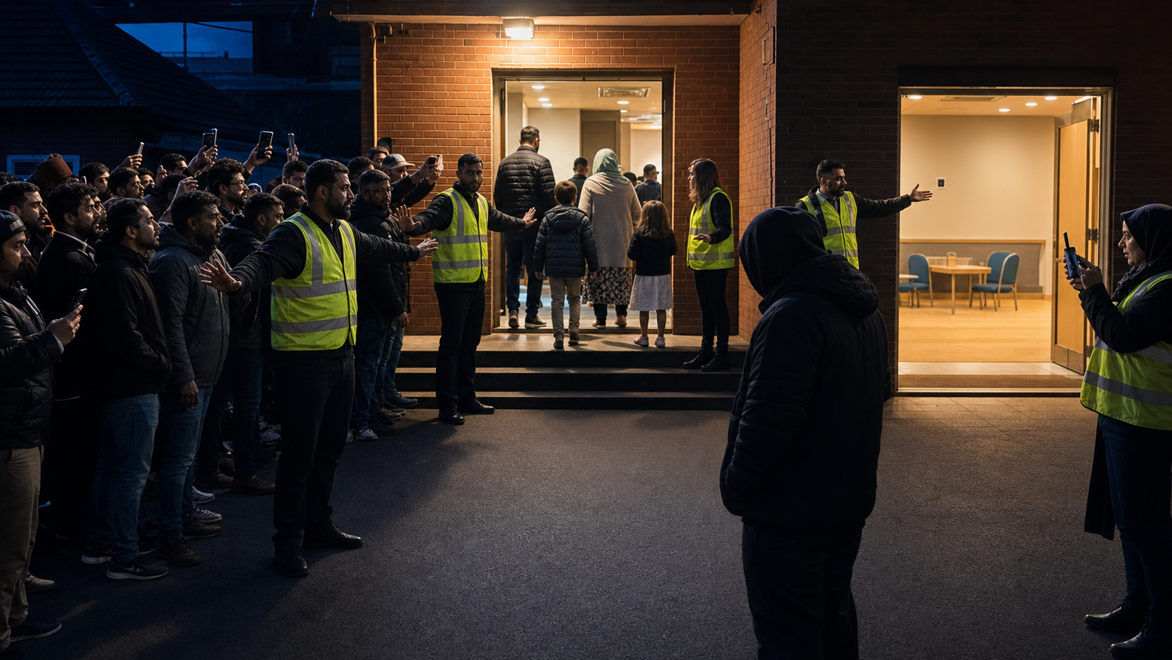 Civilian stewards create a safe passage into a community hall while separating families, bystanders, and an unidentified accused person without violence.
