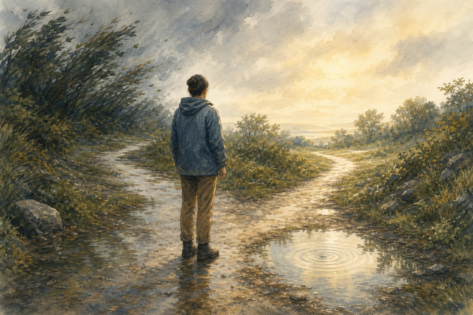 A person pauses at a fork in a rain-wet garden path as a single ripple expands in a nearby puddle.