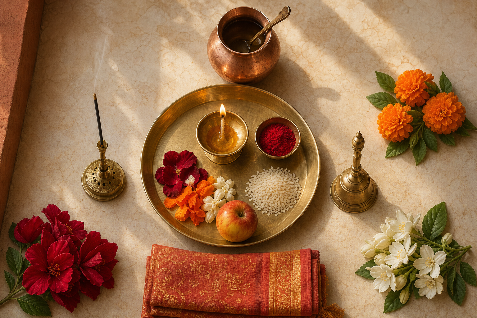 An overhead puja setting with a brass lamp, copper water vessel, incense, bell, flowers, rice, kumkum and fruit arranged for repeated daily worship.