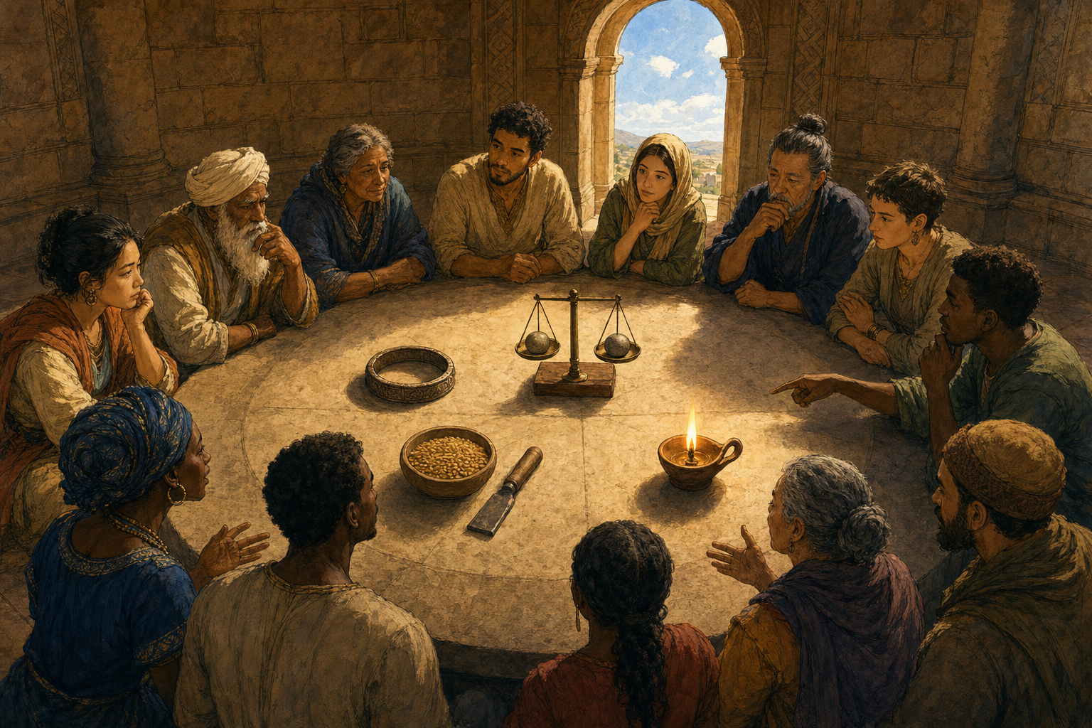 Community members examine a ring, a balance, a bowl of grain with a tool, and an oil lamp arranged on a central table.
