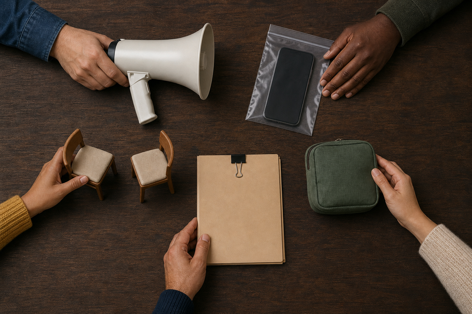 Five hands surround a muted megaphone, preserved phone, first-aid kit, complaint folder, and two chairs symbolizing disciplined community protection.