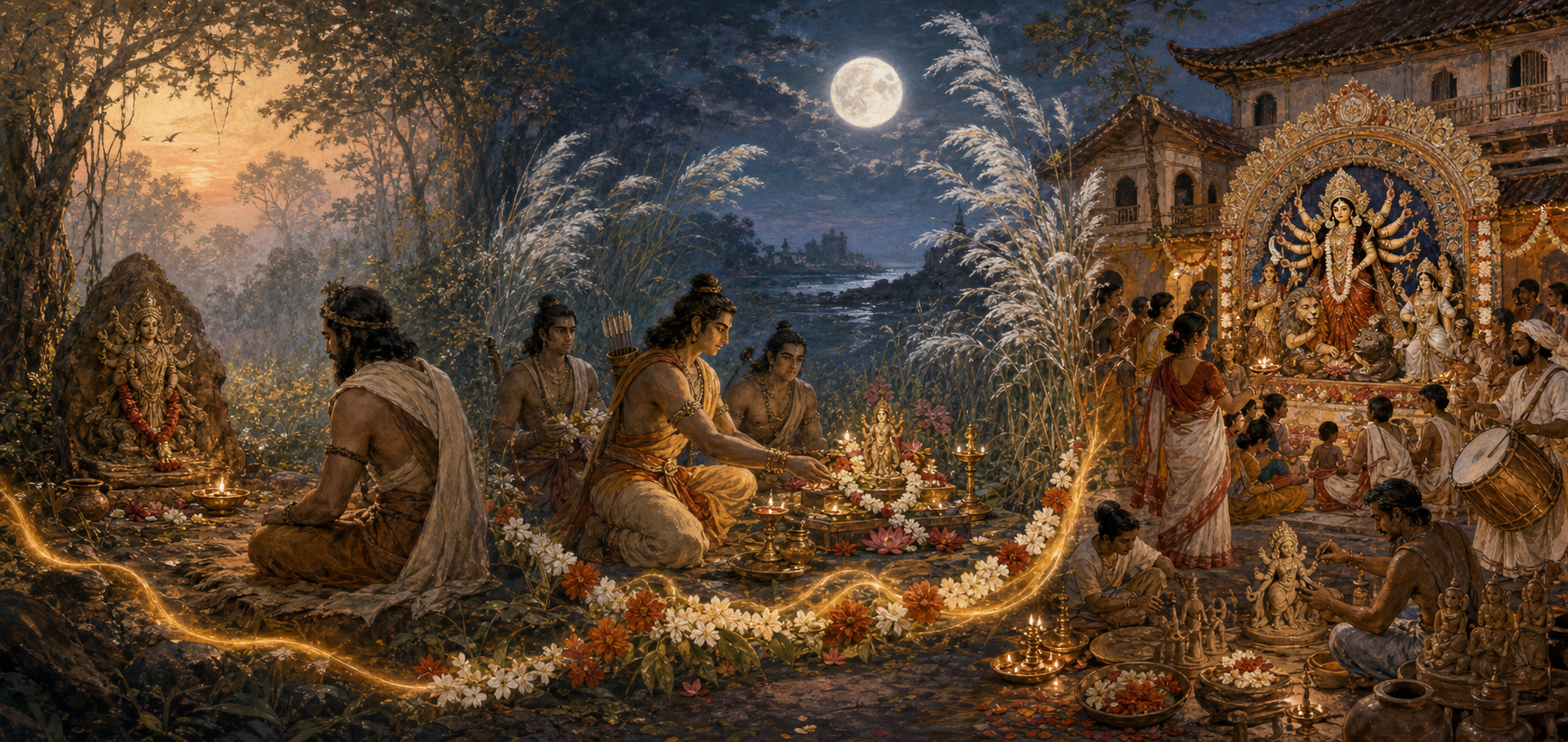 Three connected scenes show a forest king worshipping the Goddess, an autumn invocation by an archer-prince, and a Bengali courtyard Durga celebration.