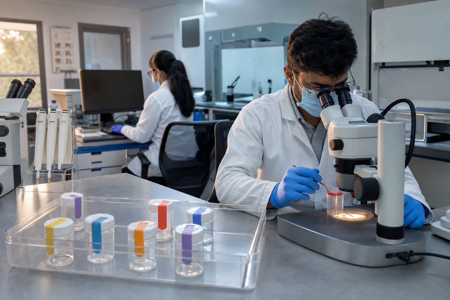 Two forensic laboratory technicians examine a sealed, non-graphic biological sample using scientific equipment.