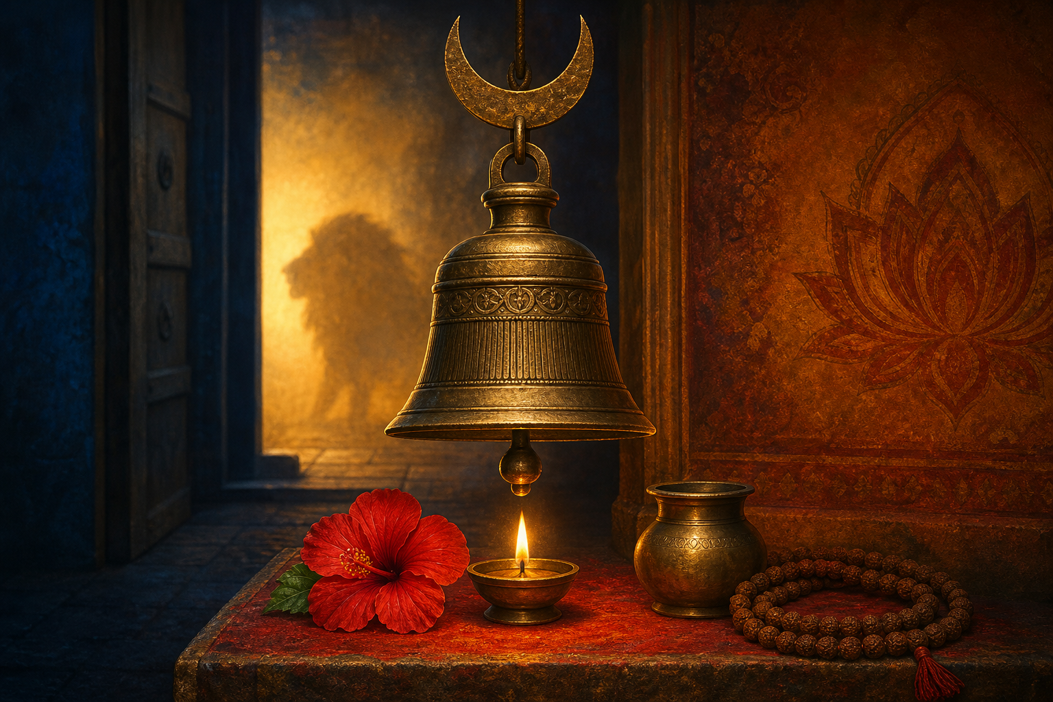 A bronze bell beneath a crescent ornament hangs over a steady oil lamp, red hibiscus and prayer beads in a dawn-lit shrine.