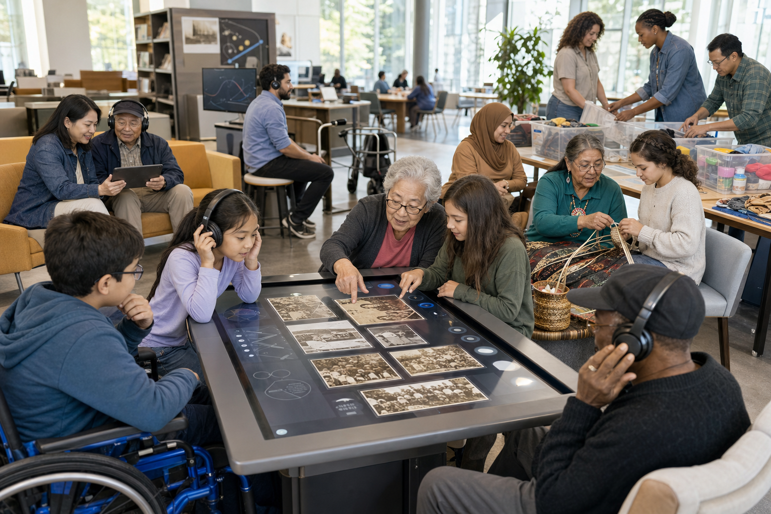 Children, adults, and elders explore digitized community photographs and oral histories during a public library workshop.