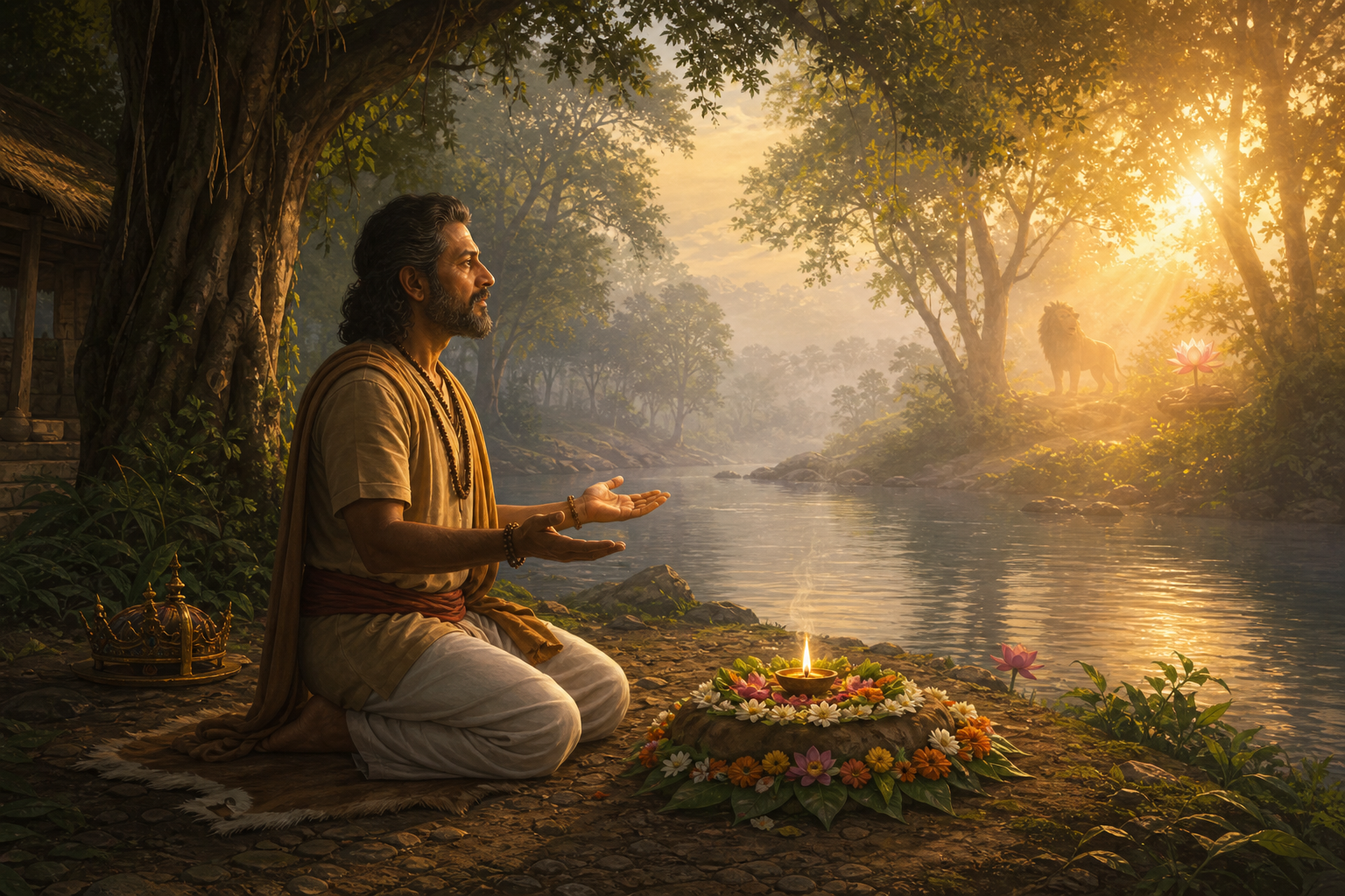King Suratha kneels at a simple flower and lamp altar in a forest hermitage, with his crown resting behind him.