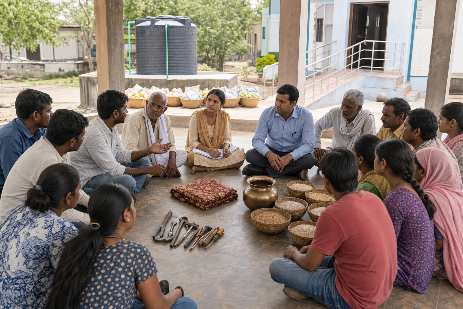 Community members question an officeholder beside a folded ceremonial shawl, water vessel, repaired tools, and evenly divided grain.