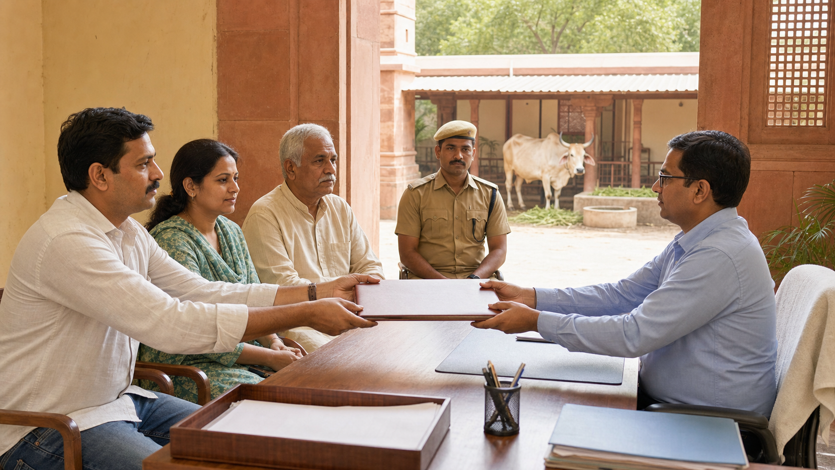 Residents calmly submit a closed petition folder to an official while a police officer observes and a cow stands in a shaded shelter courtyard.