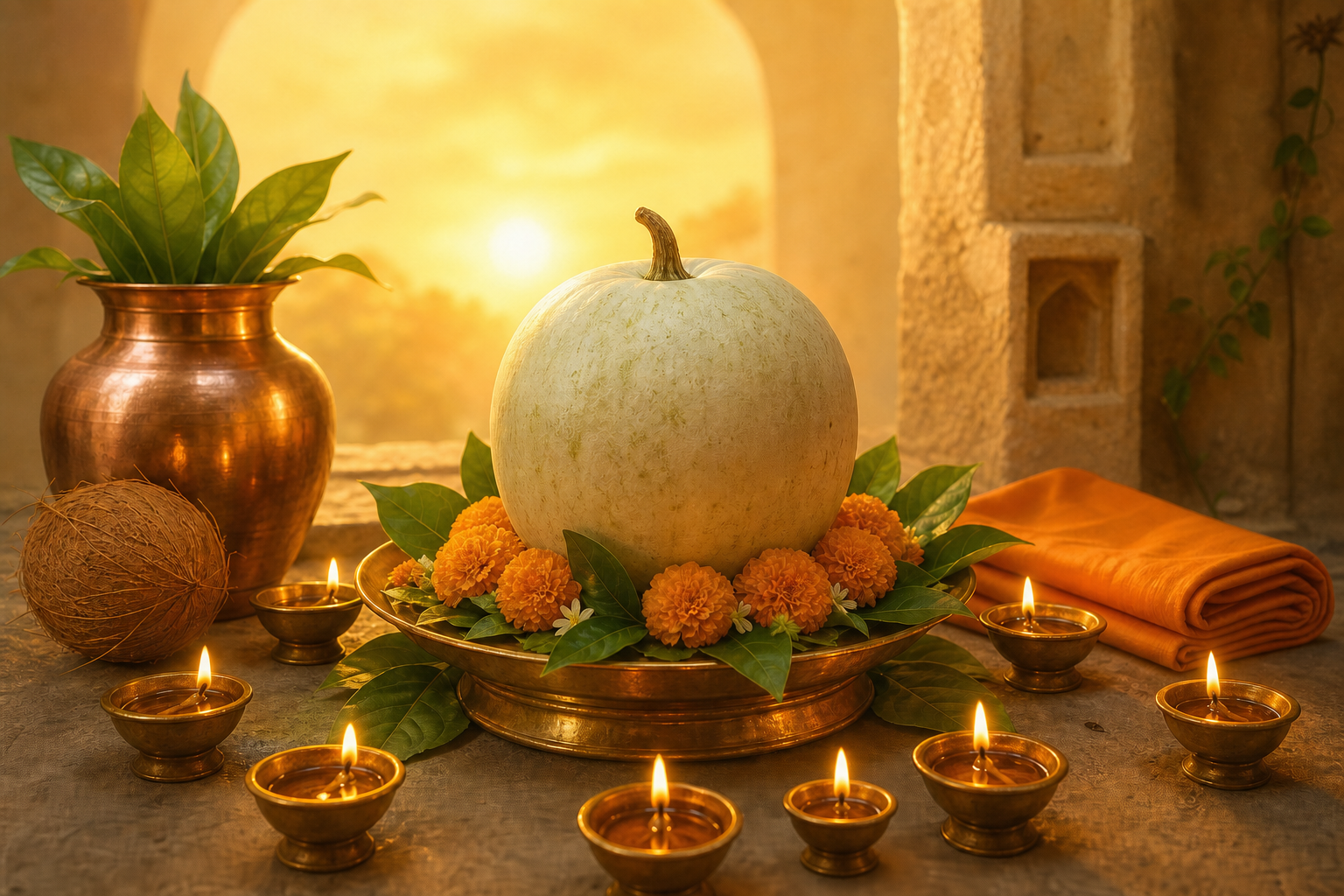 A pale ash gourd on a brass pedestal is surrounded by marigolds and small oil lamps in a warmly illuminated home shrine.