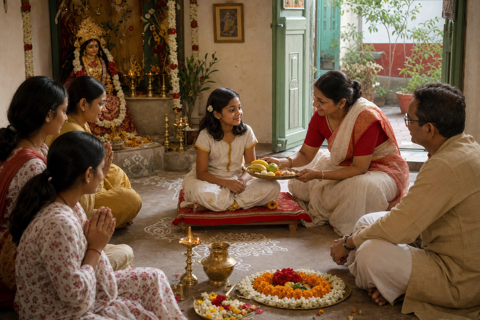 A young kumari receives fruit and sweets in a household shrine while her guardian and worshippers sit respectfully nearby.