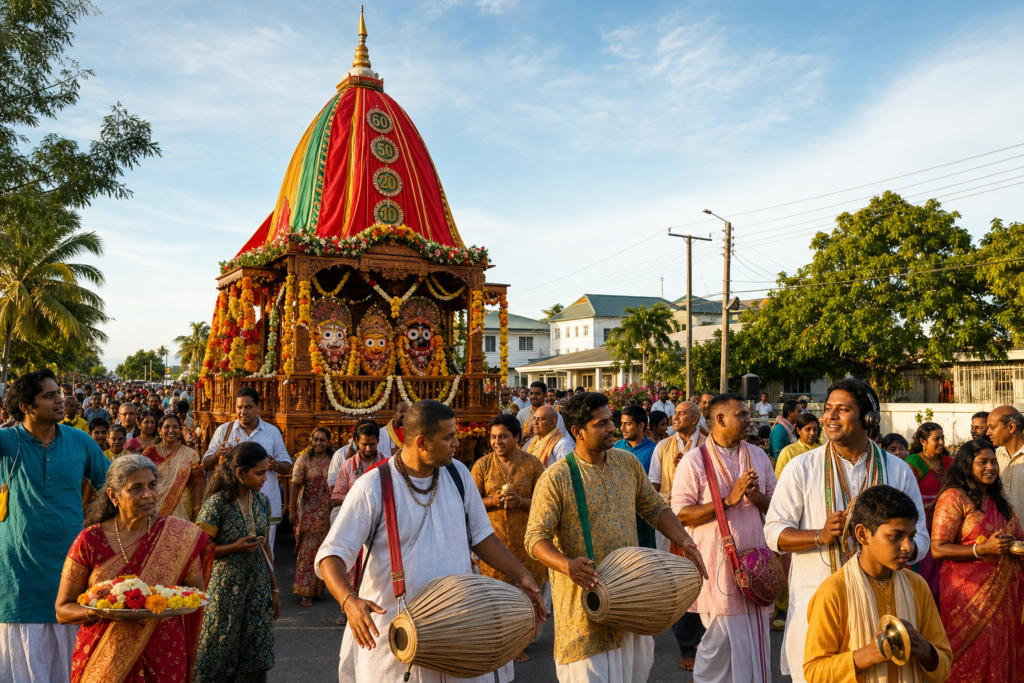 Hare Krishna Ratha-yatra procession in Georgetown, Guyana with decorated chariot and devotees