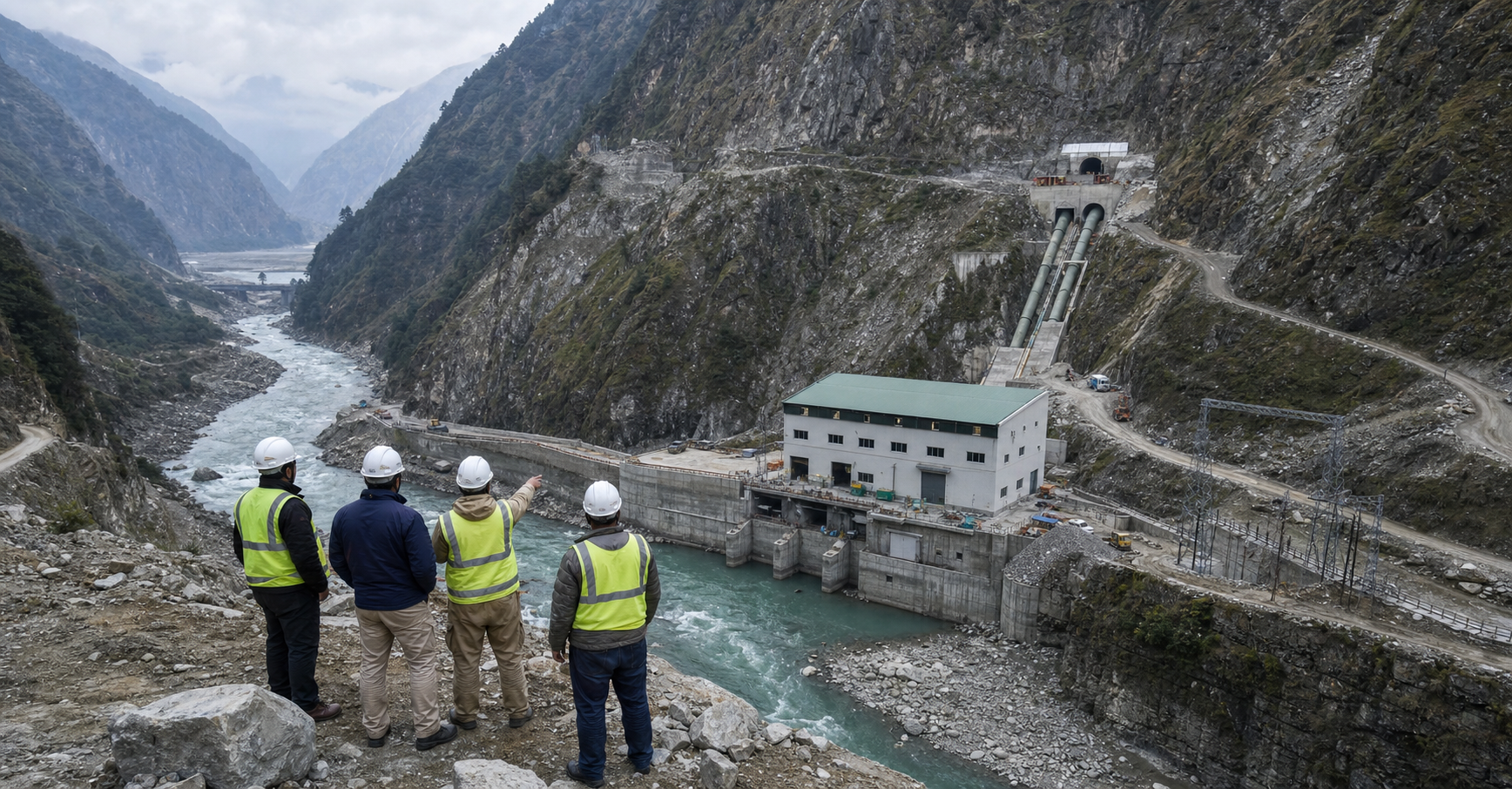 Engineers inspect a run-of-river hydropower project being built in a Himalayan valley.