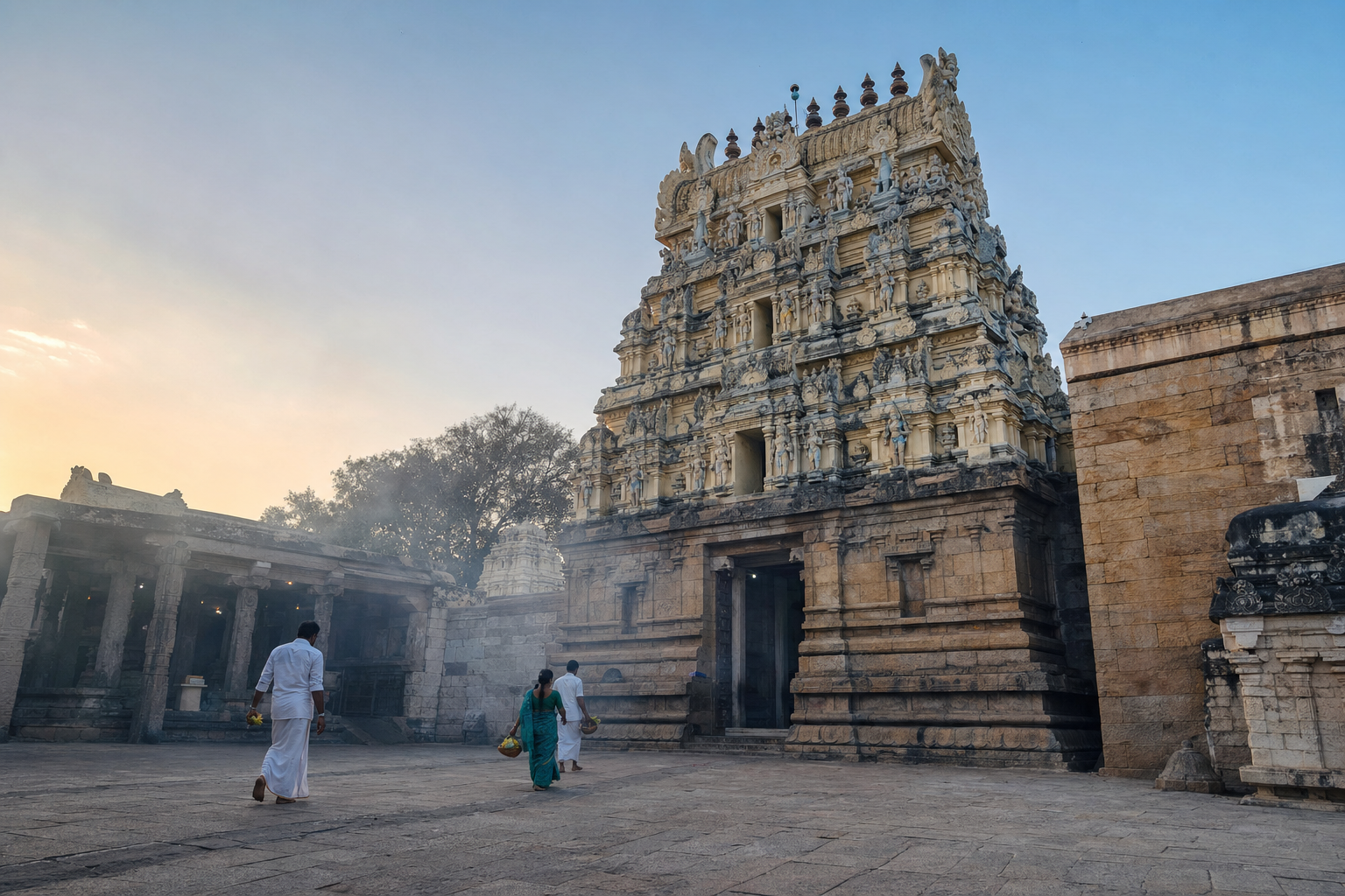 Pilgrims carrying offerings approach the carved entrance tower of Sri Vedanarayana Swamy Temple in soft early morning light.