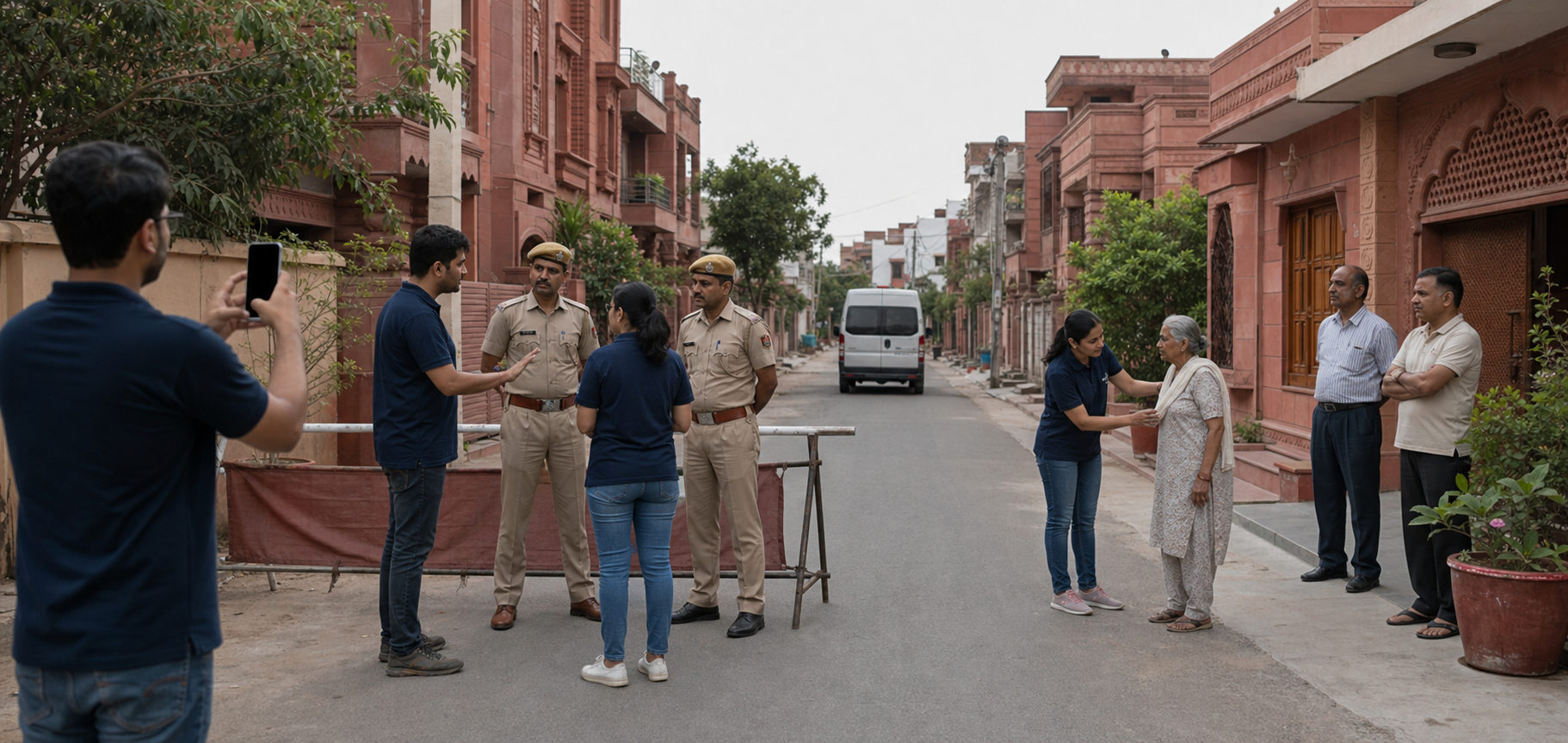 Community volunteers and police keep an Agra residential lane orderly while a forensic vehicle approaches the secured area.