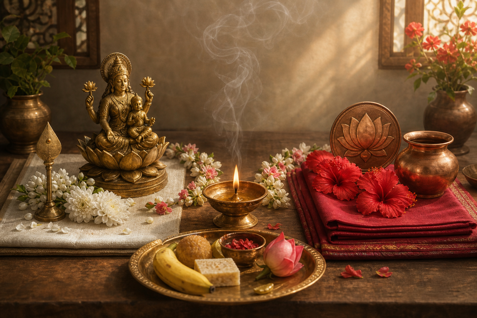 A shared altar has a central oil lamp between a mother-and-child brass figure with white flowers and a separate crimson-cloth arrangement with red blossoms.