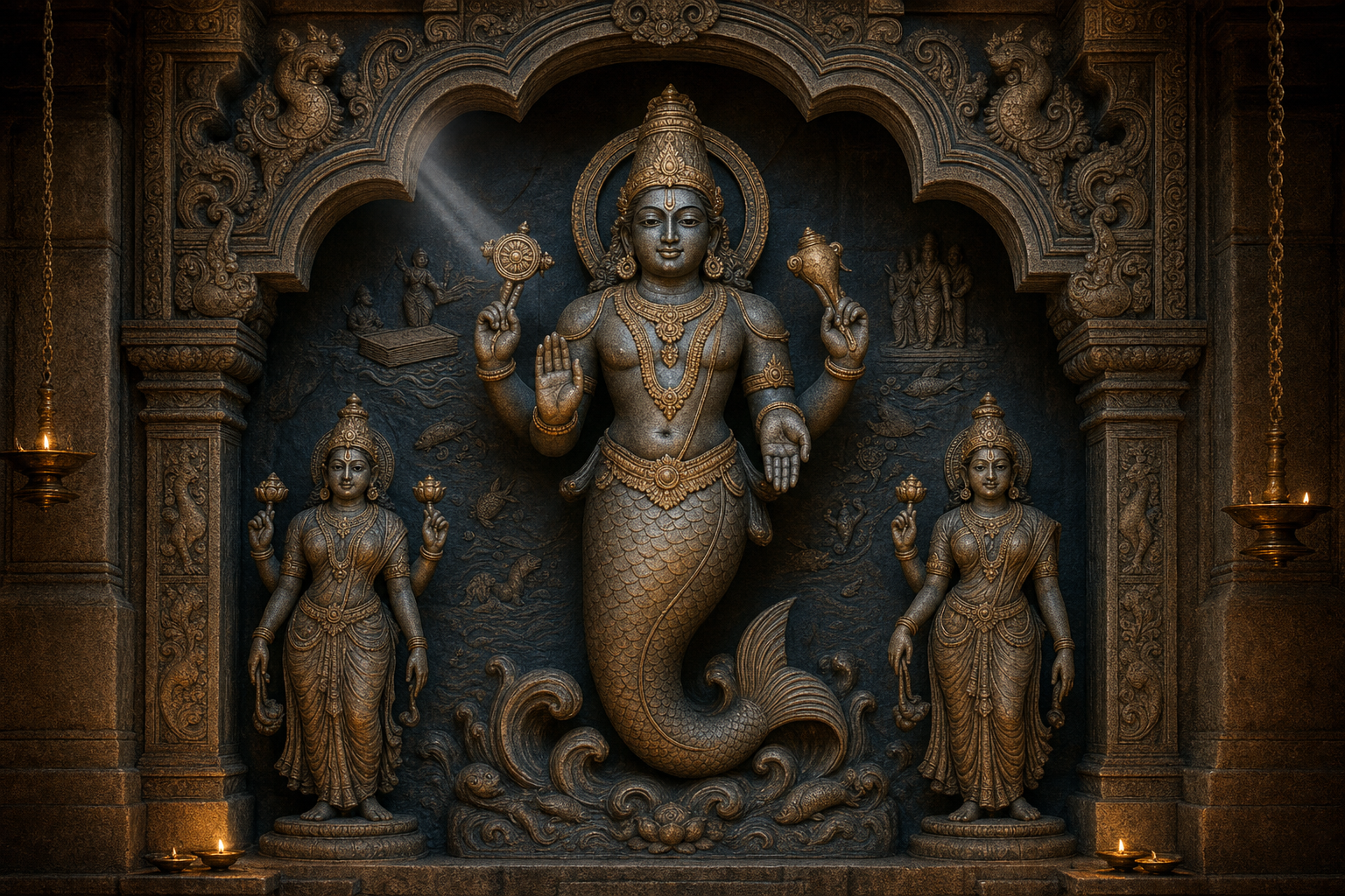 A temple-style sculpture depicts the four-armed Matsya form of Vishnu between two goddess figures under a carved stone arch.