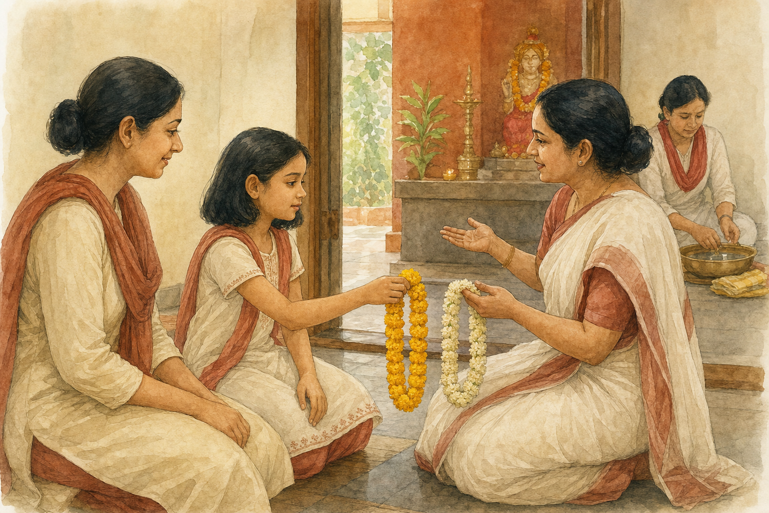 A girl chooses a flower garland while her parent and a ritual organizer listen during preparations for Kumari Puja.