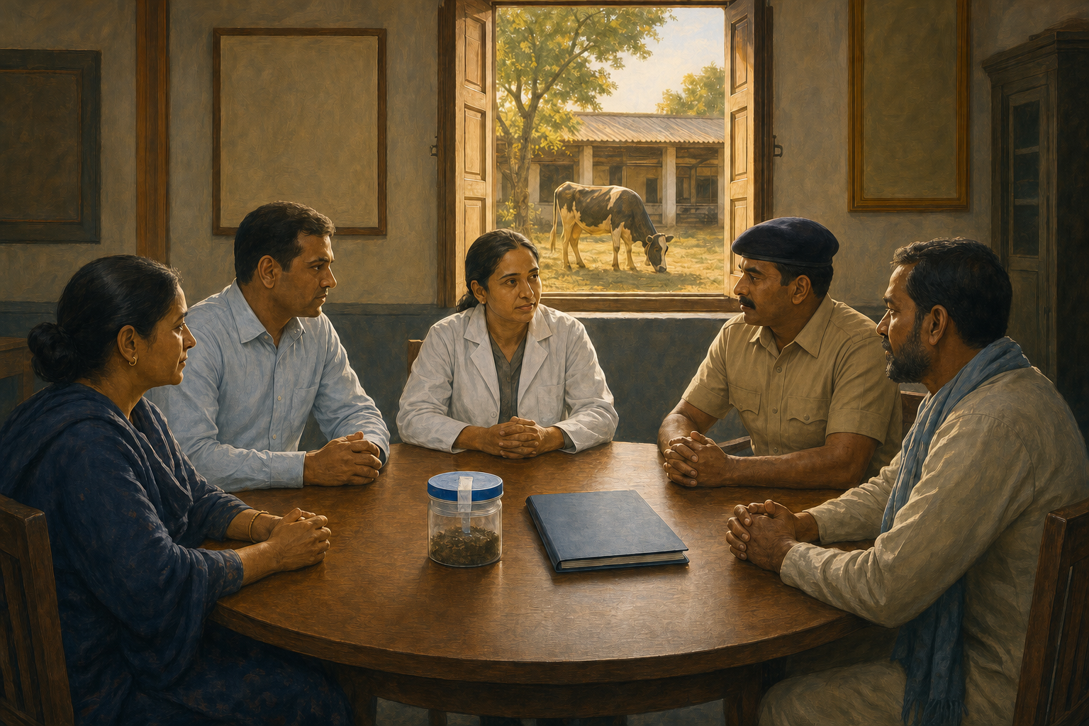 A scientist, officials and community representatives sit around a table with sealed evidence and a closed laboratory report as a cow grazes outside.