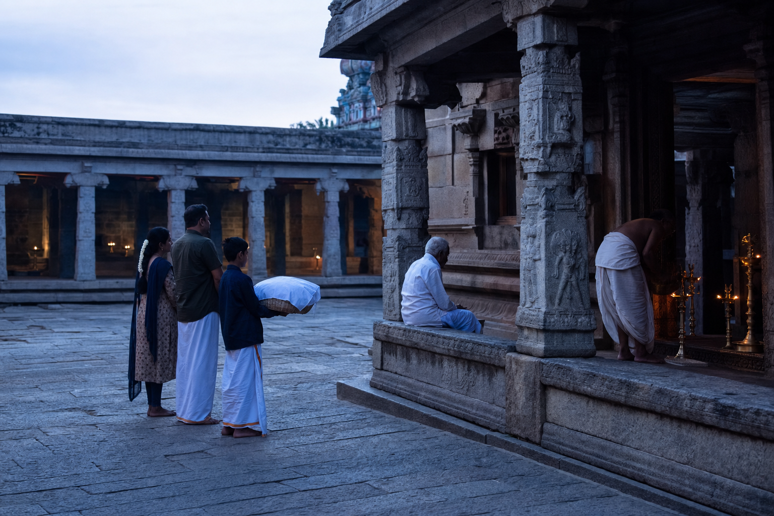Devotees wait with offerings in a stone temple courtyard before sunrise while brass lamps are prepared near a pillared hall.