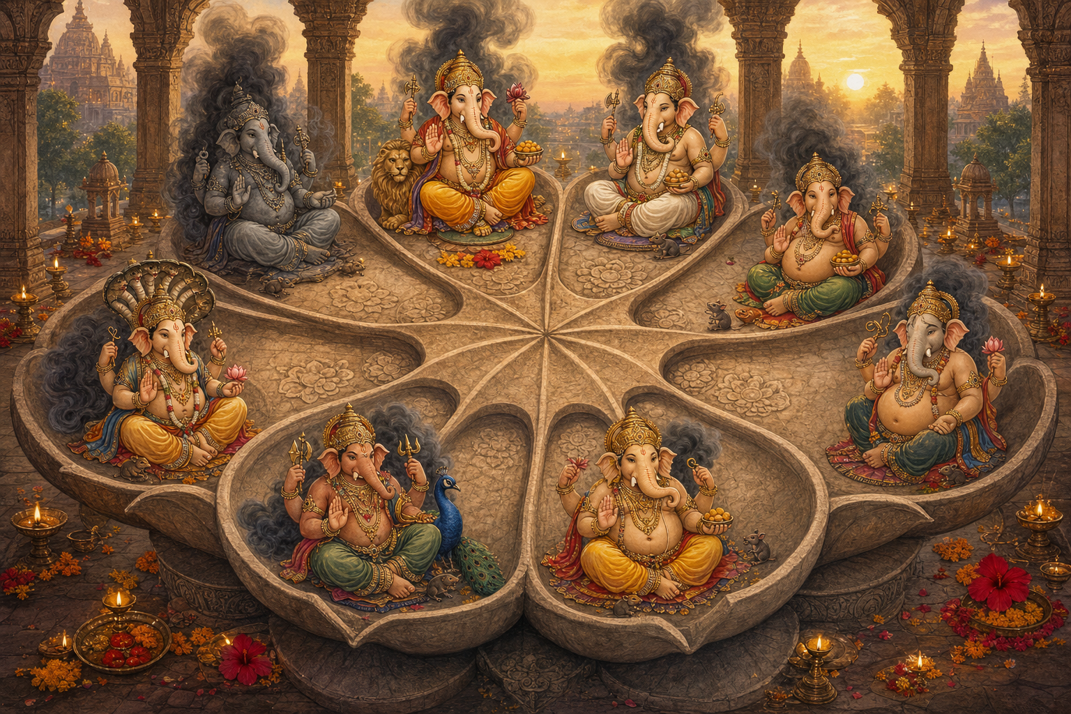 Eight distinct forms of the elephant-headed deity Ganesha sit around an eight-petaled stone lotus in a lamp-lit temple pavilion, with symbolic mounts and dissolving shadows behind them.