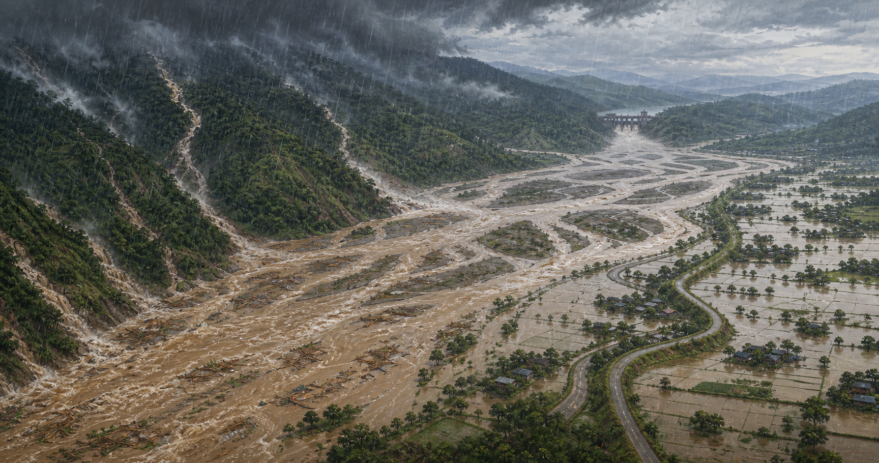 Illustrated watershed shows monsoon rain over forested hills, debris-filled tributaries, an already swollen river, spillway discharge and downstream flooding around villages and roads.