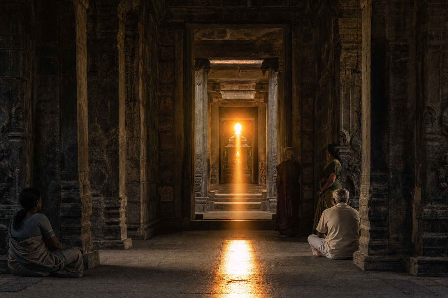 A narrow beam of setting sunlight passes through aligned stone temple doorways toward the inner shrine as devotees watch from the sides.