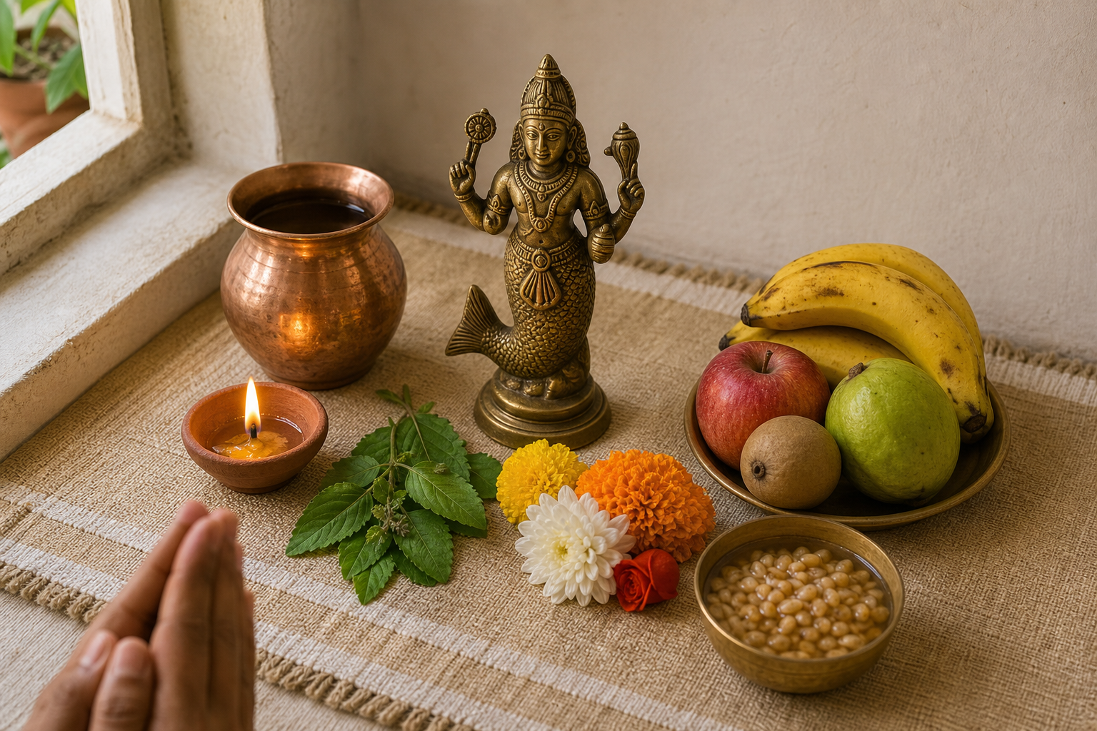 A home prayer arrangement includes a small brass Matsya image, oil lamp, copper water vessel, tulsi leaves, flowers, fruit, and soaked grains.
