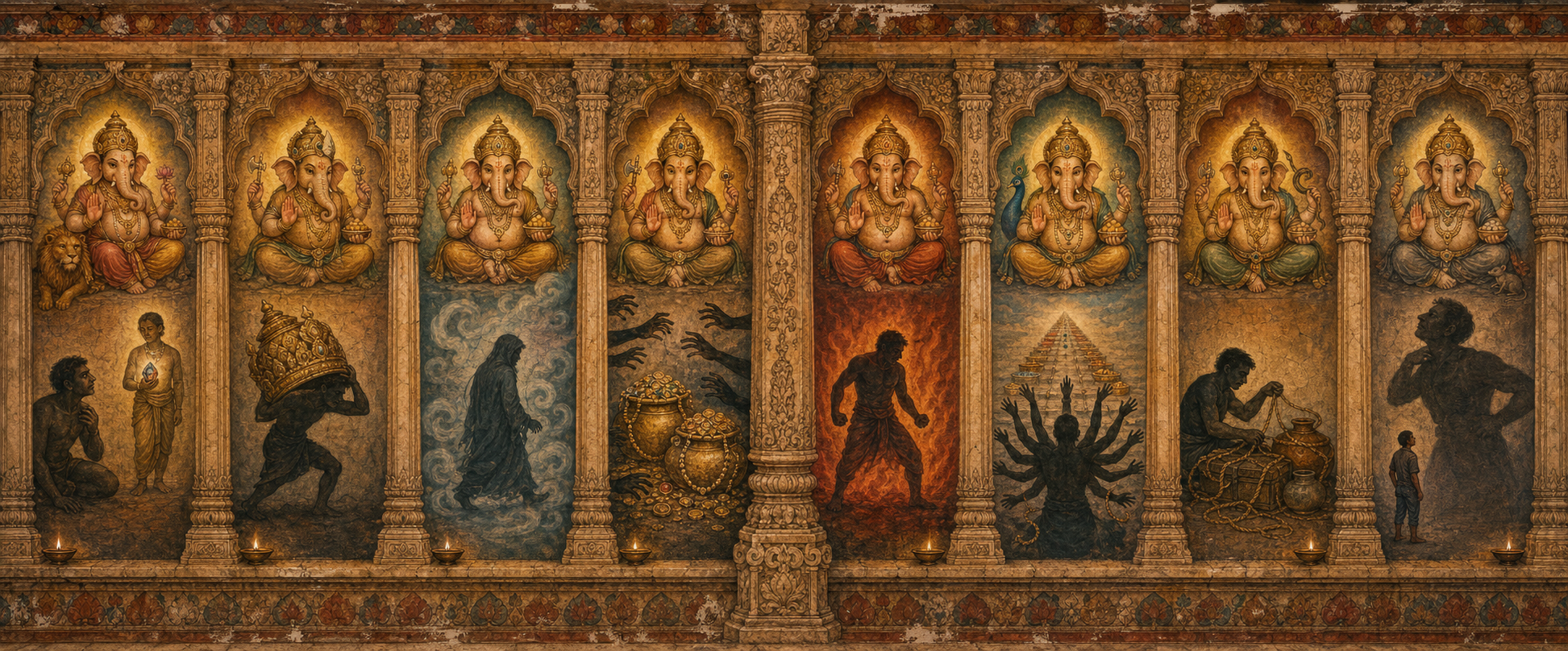A painted temple frieze shows eight forms of Ganesha in separate arched bays, each facing a different symbolic shadow figure representing an inner obstruction.