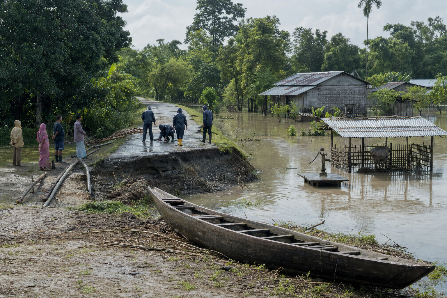 People inspect a flood-damaged rural road in Assam while nearby homes remain surrounded by shallow water, silt and debris after the rain has eased.