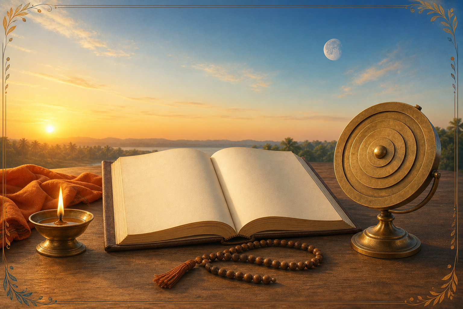 An unmarked almanac, brass lamp, prayer beads, and astronomical instrument lit by sunrise beneath a faint waxing gibbous moon.