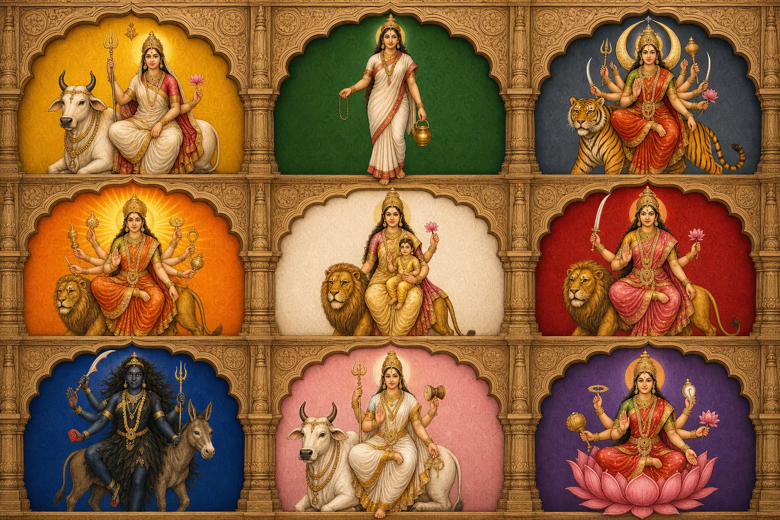 Nine illustrated forms of the Navadurga appear in separate temple arches with their traditional attributes and differently coloured backgrounds.