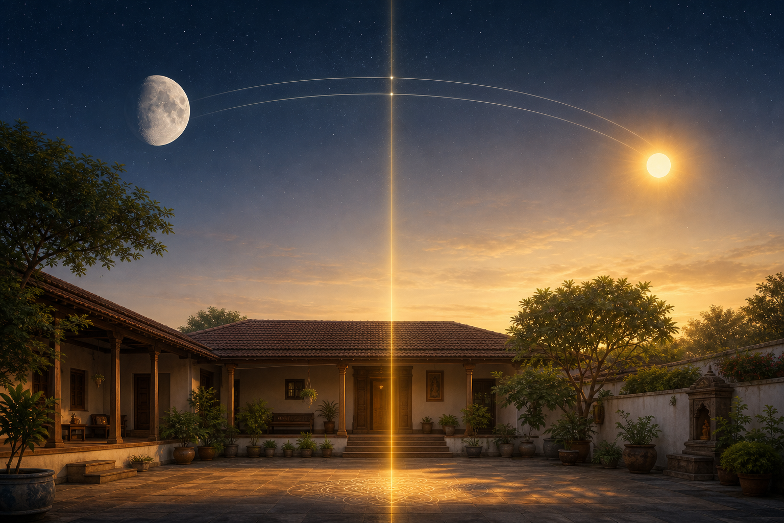 Sun and waxing gibbous moon connected by adjacent celestial arcs above a courtyard divided by a narrow beam of morning light.