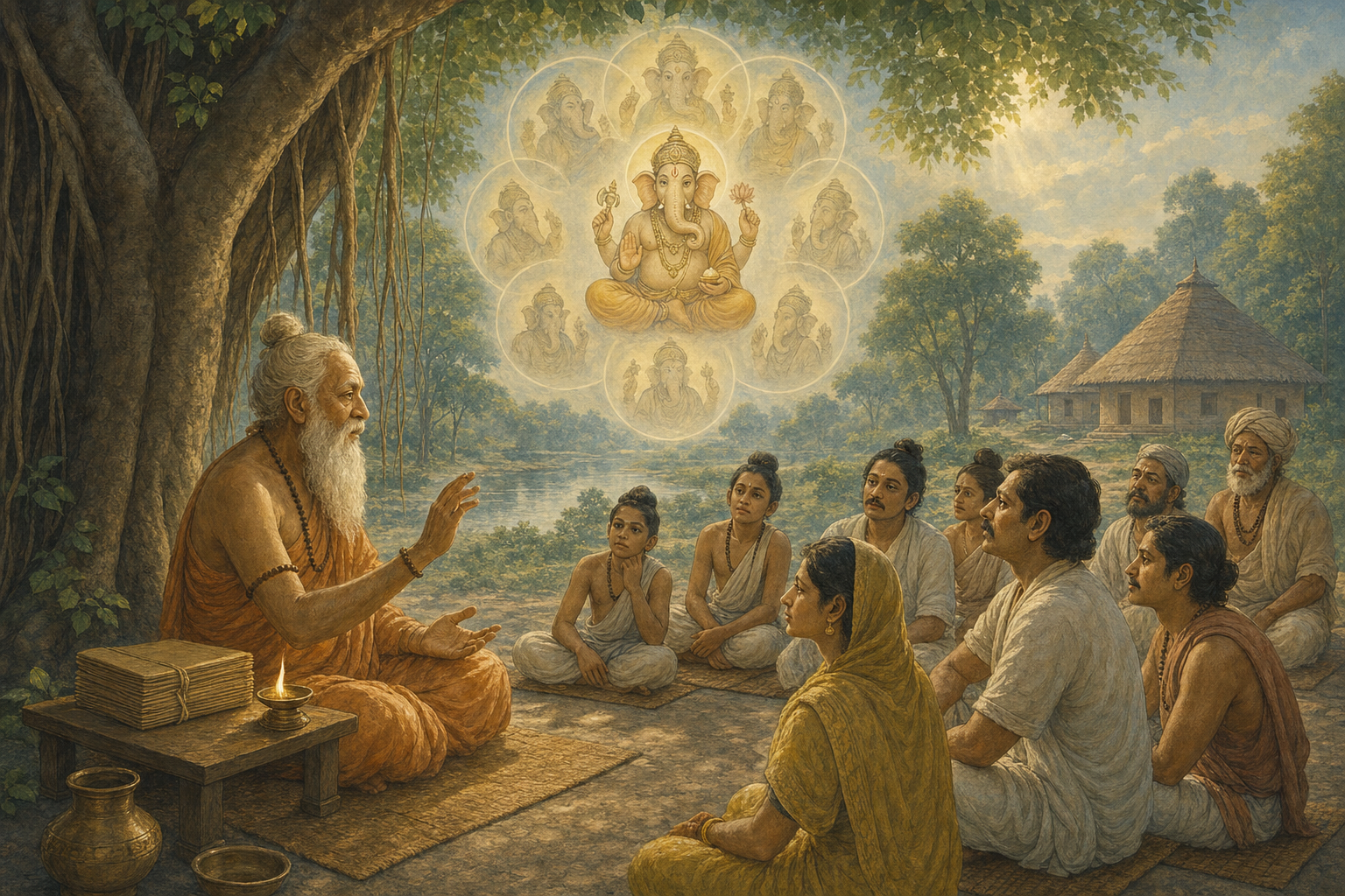 An elderly sage teaches listeners beneath a banyan tree beside a closed palm-leaf bundle and oil lamp, while an eightfold vision of Ganesha appears above them.