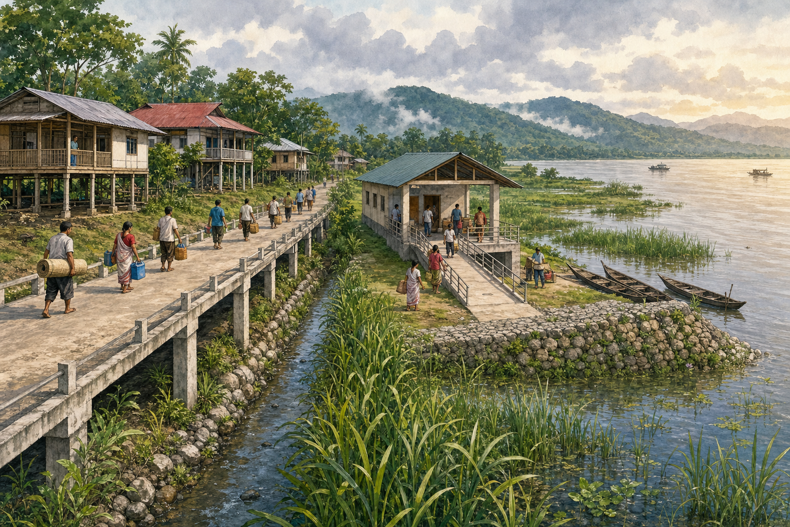 An illustrated Assam village uses elevated homes, a raised road, open drainage, a flood shelter and restored wetlands to prepare for monsoon flooding.
