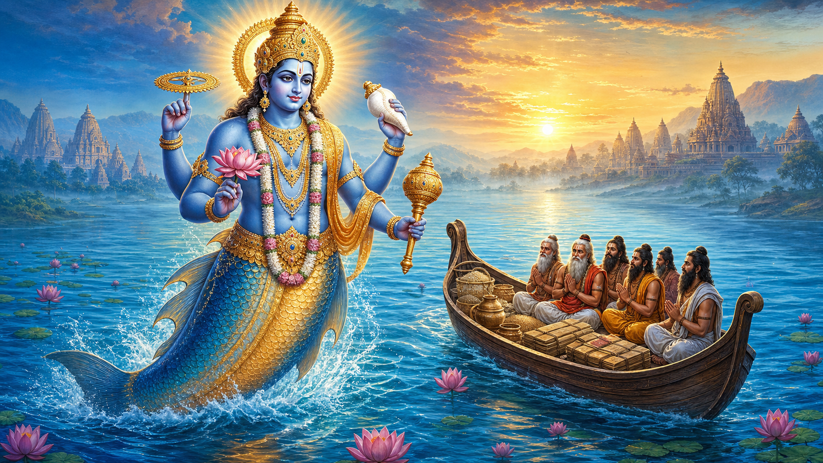 The Matsya avatar of Vishnu rises from blue water near a wooden boat carrying sages, seeds, and palm-leaf manuscripts at sunrise.