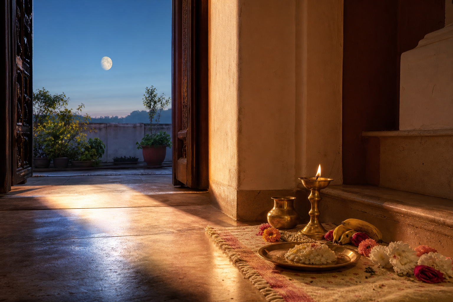 Dawn sunlight crosses a home altar with a brass lamp, water vessel, flowers, and simple food as the moon fades outside.