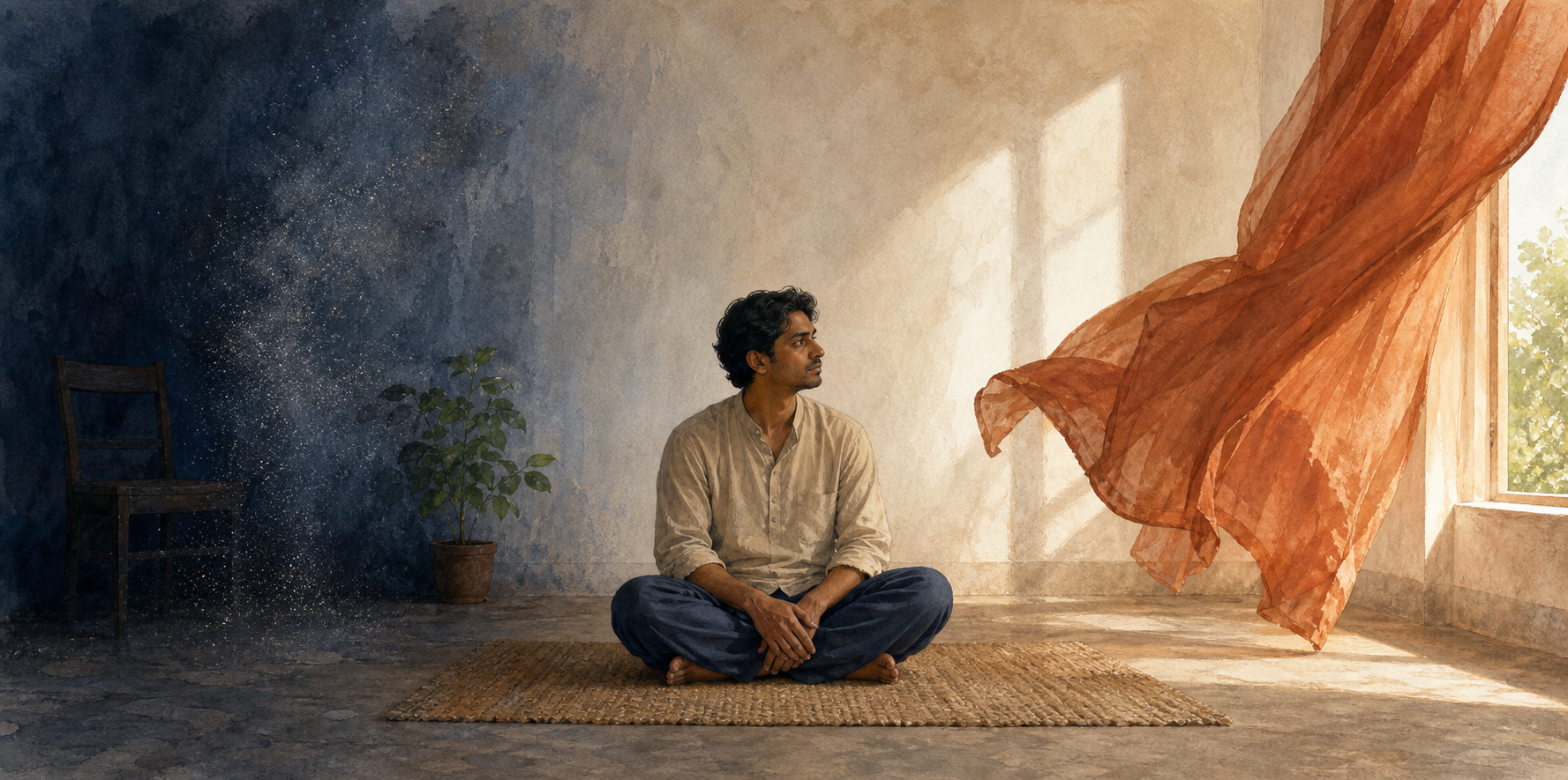 An adult sits in a simple room as cool shadow, a windblown rust-colored curtain, and clear sunlight occupy different parts of the surrounding space.