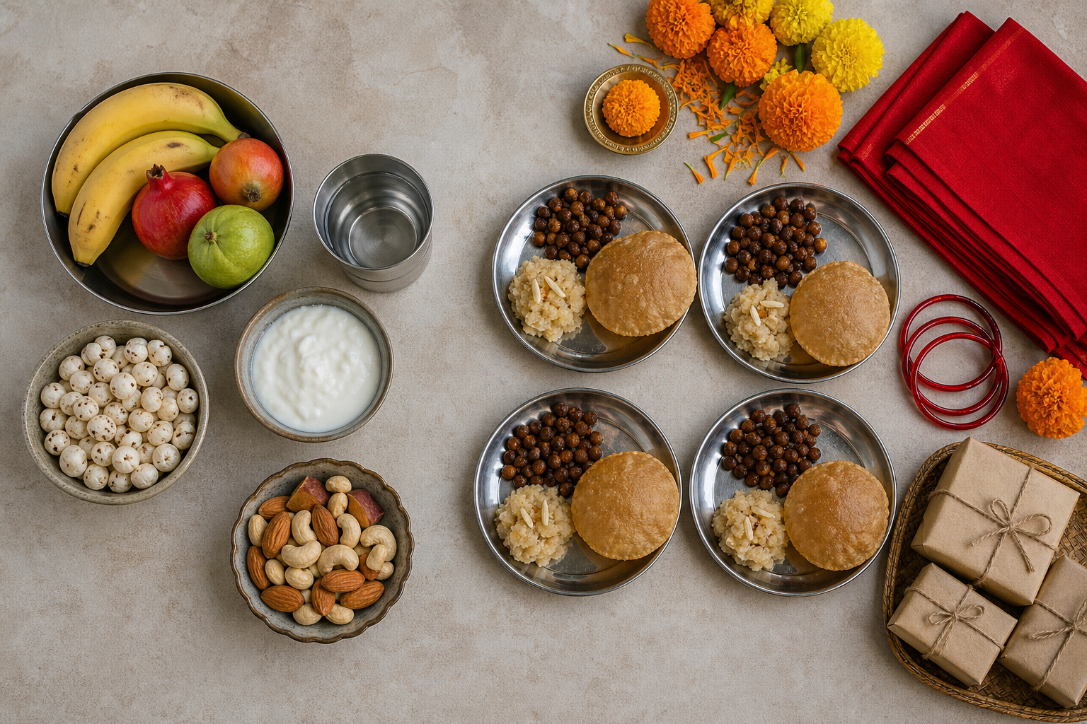 An overhead arrangement shows a simple fruit-and-yogurt fasting meal beside small plates of puri, black chickpeas and halwa prepared for Kanya Puja.