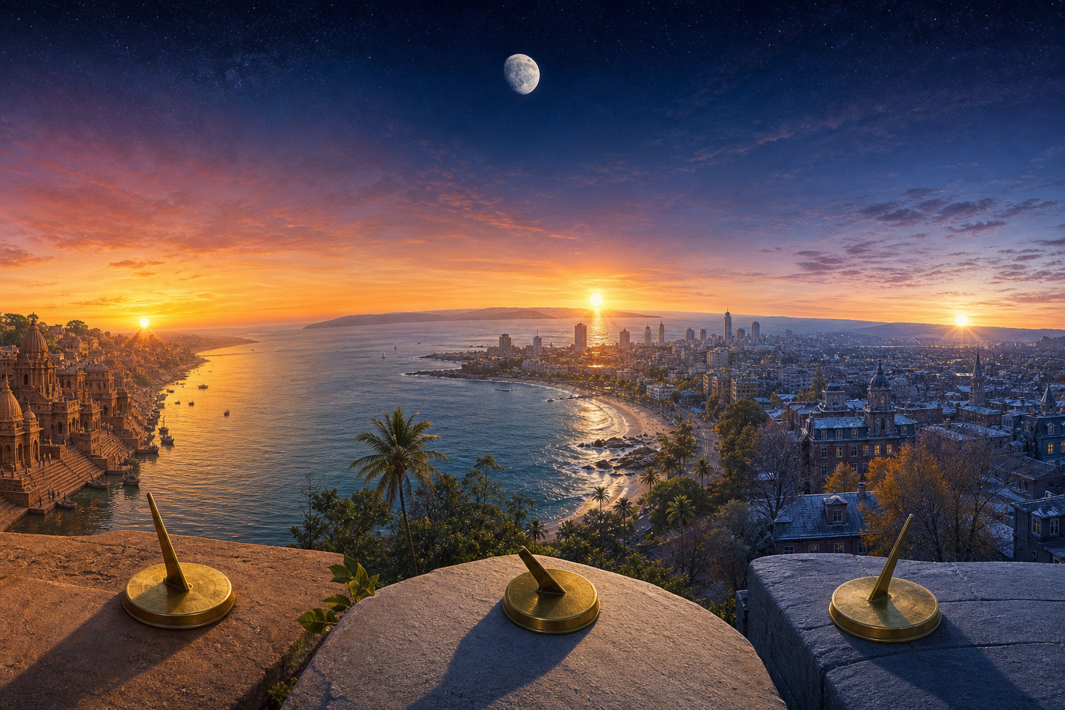 Three distant landscapes receive sunrise at different angles, with brass sundials casting different shadows under one connected sky.