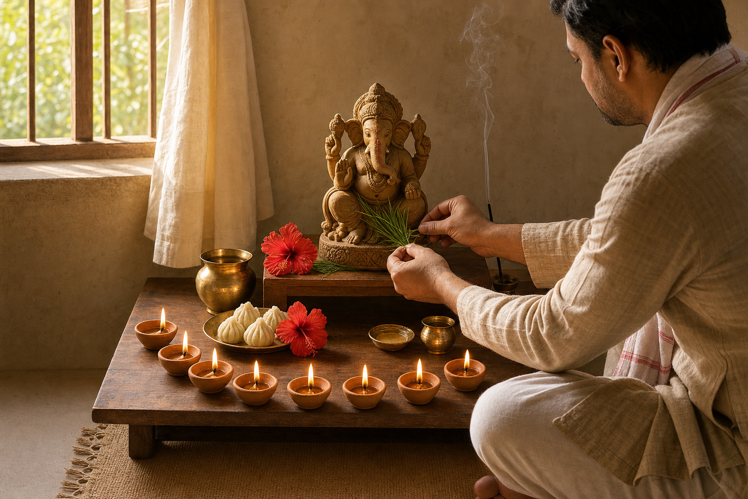 A devotee places durva grass at a home Ganesha altar surrounded by eight clay lamps, hibiscus flowers, modaks, water, and incense.